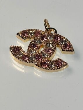 Chanel Gold-Tone Interlocking CC Pendant with Pink and Clear Crystals